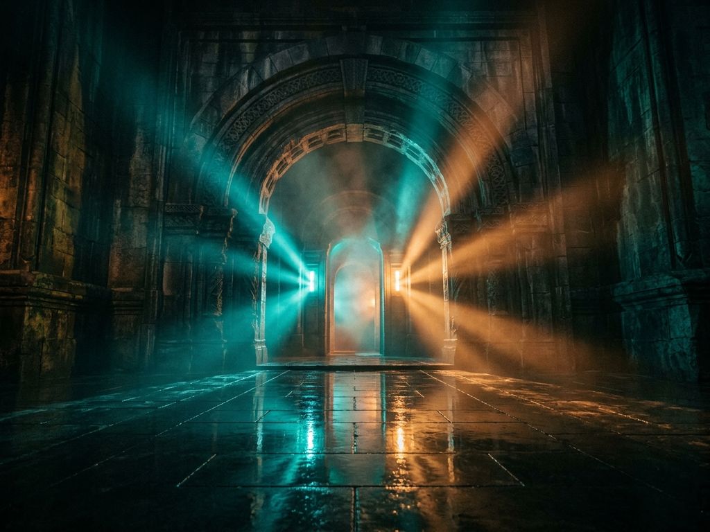 Dark casino entrance with teal light beams
