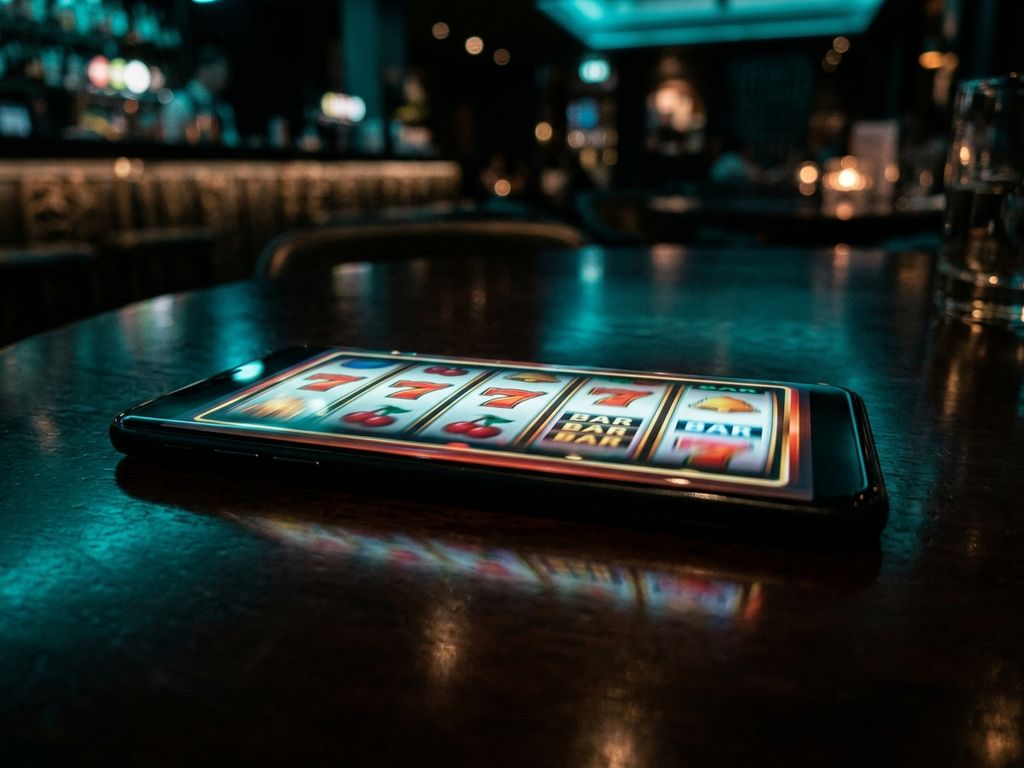 Smartphone displaying slot reels on dark surface